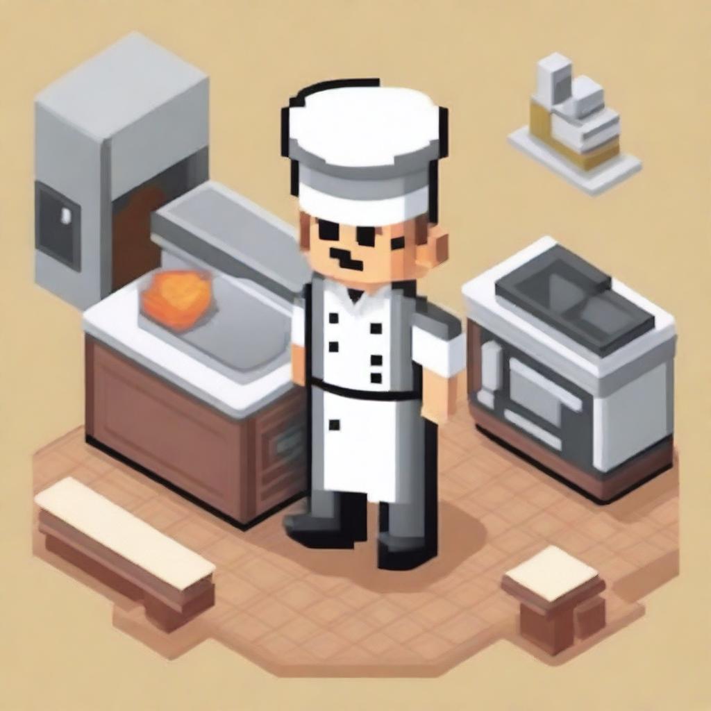 Create an isometric character dressed as a restaurant chef in pixel art style