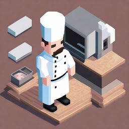 Create an isometric character dressed as a restaurant chef in pixel art style