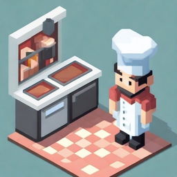 Create an isometric character dressed as a restaurant chef in pixel art style