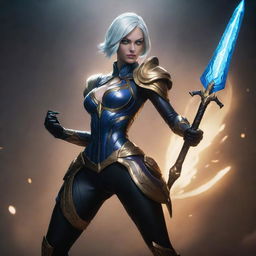 Camille from League of Legends in her signature outfit, poised in her confident battle stance, weaponry gleaming under a dramatic, epic light.