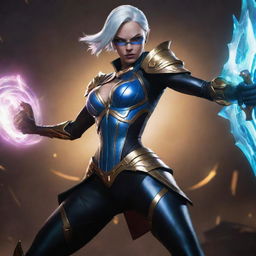 Camille from League of Legends in her signature outfit, poised in her confident battle stance, weaponry gleaming under a dramatic, epic light.