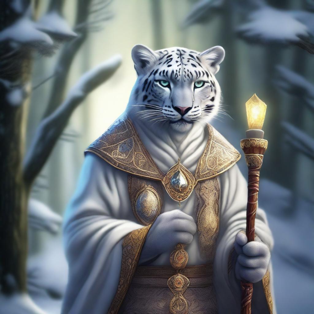 A detailed illustration of an anthropomorphic snow leopard cleric