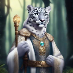 A detailed illustration of an anthropomorphic snow leopard cleric