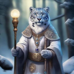 A detailed illustration of an anthropomorphic snow leopard cleric