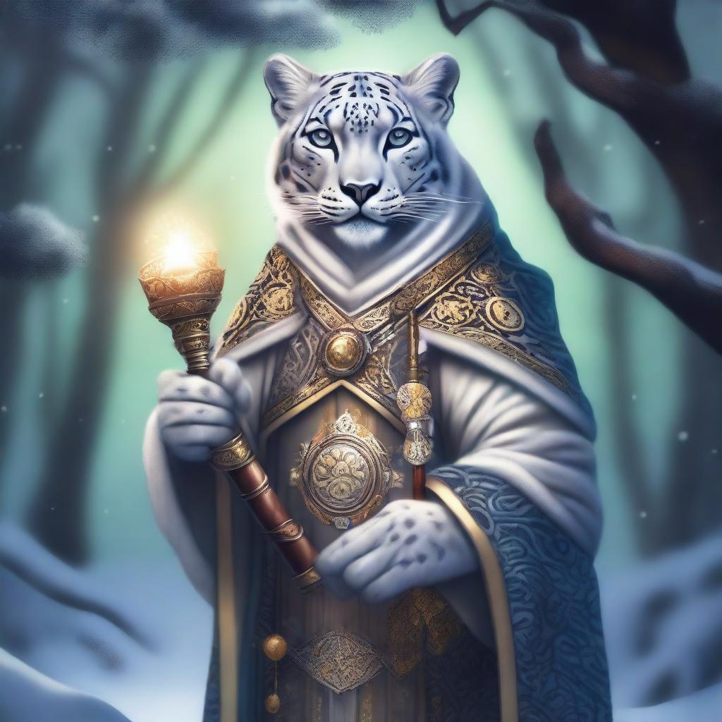 A detailed illustration of an anthropomorphic snow leopard cleric