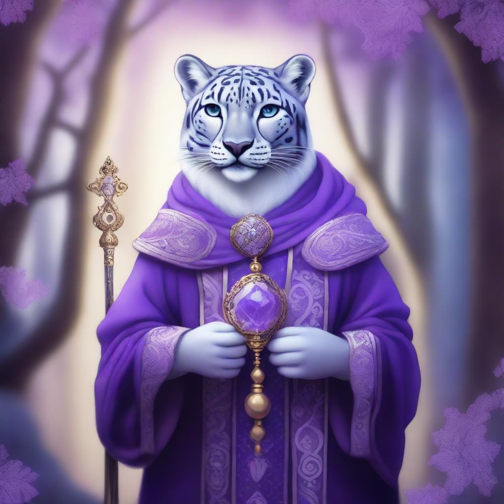 A detailed illustration of an anthropomorphic snow leopard cleric