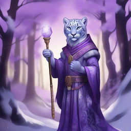 A detailed illustration of an anthropomorphic snow leopard cleric