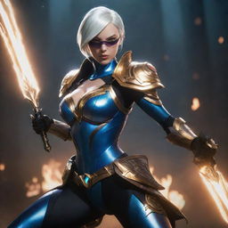 Camille from League of Legends in her signature outfit, poised in her confident battle stance, weaponry gleaming under a dramatic, epic light.