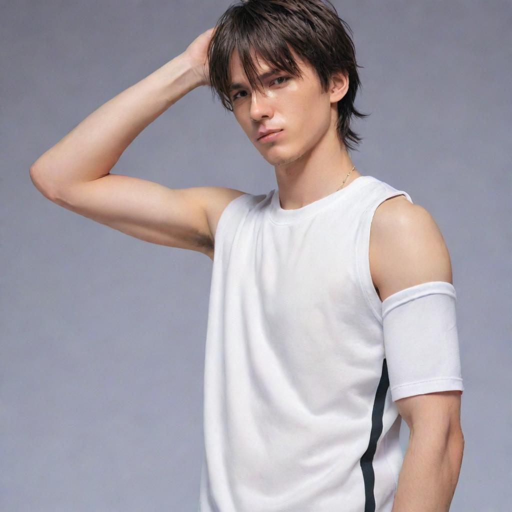 Anime style male character with a short mullet hairstyle, wearing a half-sleeved basketball t-shirt, visibly wiping sweat with his shirt, revealing his abs.