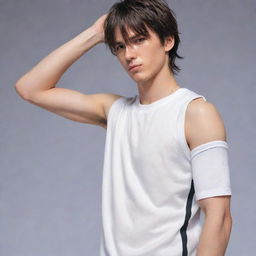 Anime style male character with a short mullet hairstyle, wearing a half-sleeved basketball t-shirt, visibly wiping sweat with his shirt, revealing his abs.