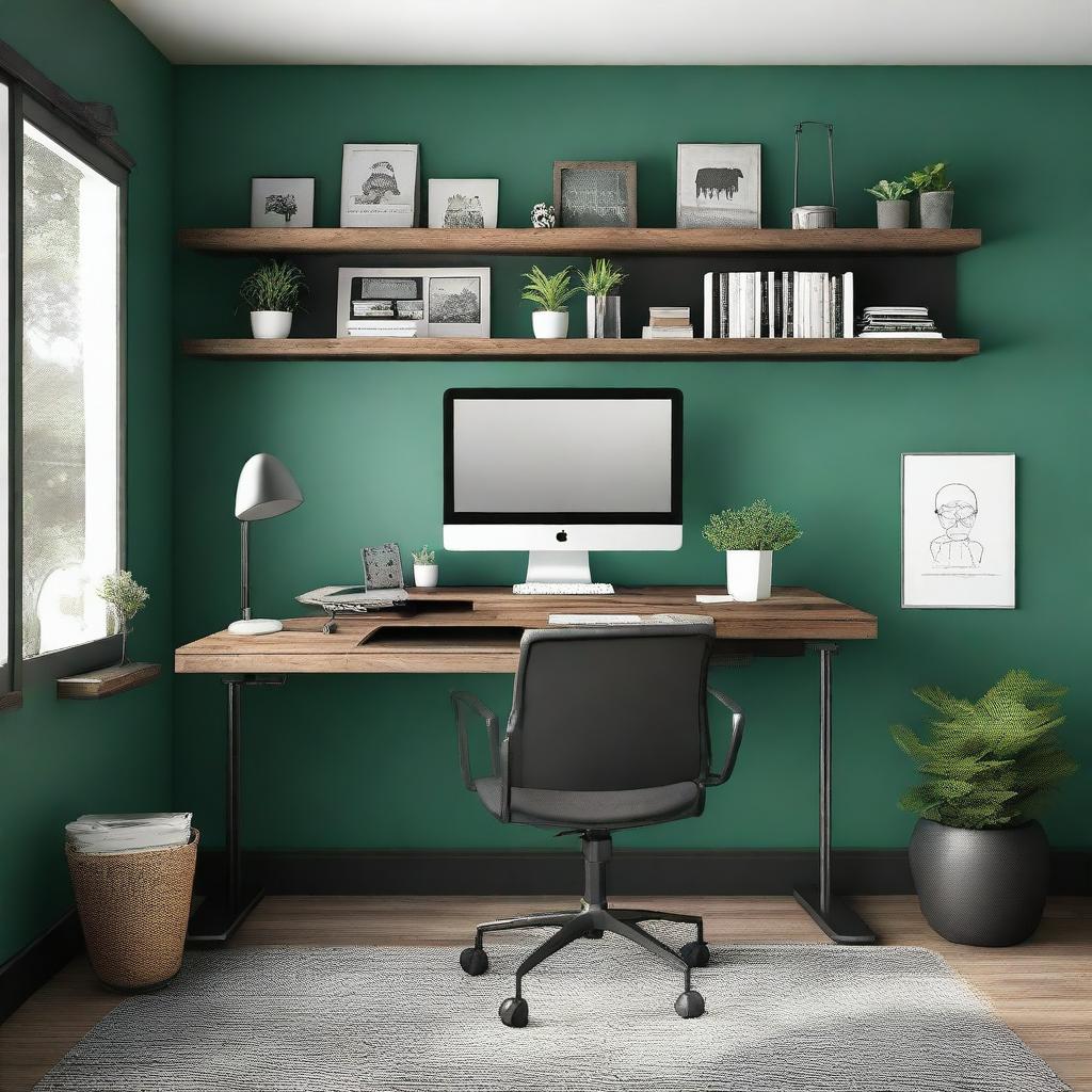 Design an industrial-style home office with the following features: Walls in either emerald green, dark gray, or taupe