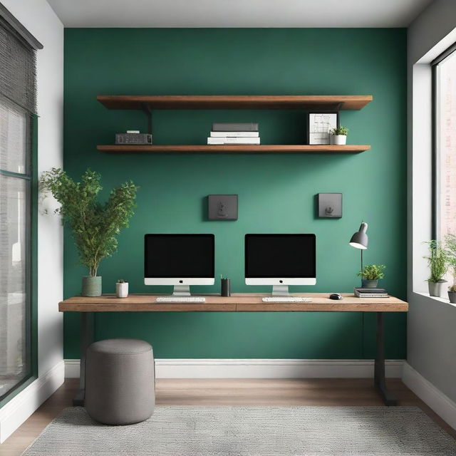 Design an industrial-style home office with the following features: Walls in either emerald green, dark gray, or taupe