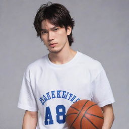 Anime style male character with a short mullet hairstyle, wearing a half-sleeved basketball t-shirt, visibly wiping sweat with his shirt, revealing his abs.