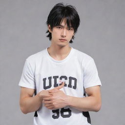 Anime style male character with a short mullet hairstyle, wearing a half-sleeved basketball t-shirt, visibly wiping sweat with his shirt, revealing his abs.