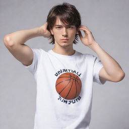 Anime style male character with a short mullet hairstyle, wearing a half-sleeved basketball t-shirt, visibly wiping sweat with his shirt, revealing his abs.