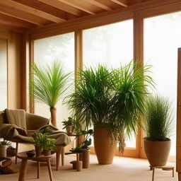 A serene, naturally-inspired living room featuring lush indoor plants, warm earth-tones, and large windows allowing ample light to filter in, highlighting sustainable wooden furniture.