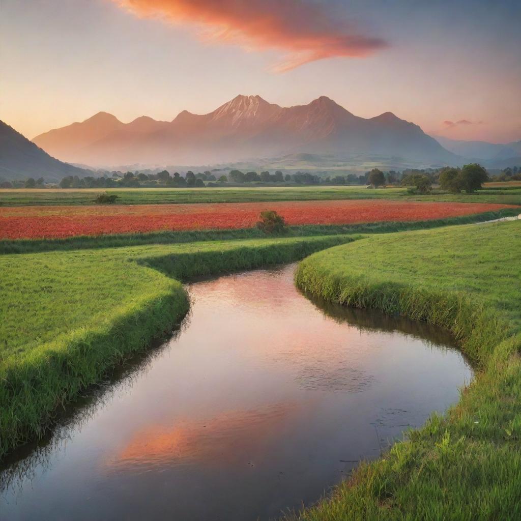 A serene and tranquil landscape during sunset. In the foreground, a tranquil river peacefully flowing past lush green fields, while a majestic mountain range looms in the distance tinted by the orange and red hues of the setting sun.