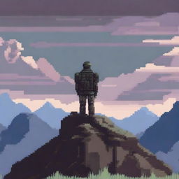 A soldier standing on top of a mountain, looking out at the horizon in pixel art style