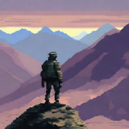 A soldier standing on top of a mountain, looking out at the horizon in pixel art style