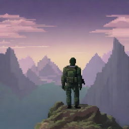 A soldier standing on top of a mountain, looking out at the horizon in pixel art style