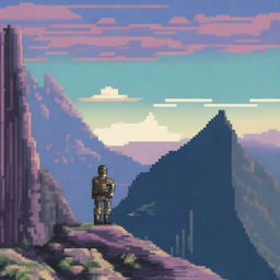 A soldier standing on top of a mountain, looking out at the horizon in pixel art style