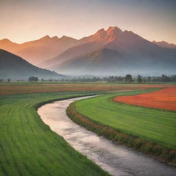 A serene and tranquil landscape during sunset. In the foreground, a tranquil river peacefully flowing past lush green fields, while a majestic mountain range looms in the distance tinted by the orange and red hues of the setting sun.