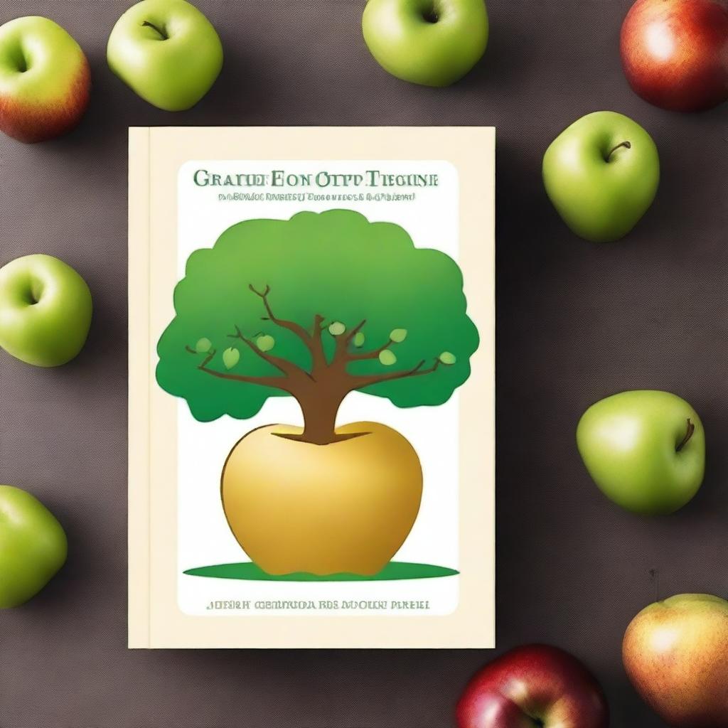 Create a high-detail book cover featuring a golden apple tree with large apples