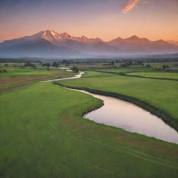 A serene and tranquil landscape during sunset. In the foreground, a tranquil river peacefully flowing past lush green fields, while a majestic mountain range looms in the distance tinted by the orange and red hues of the setting sun.