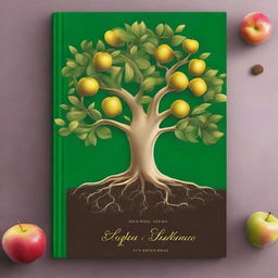 Create a high-detail book cover featuring a golden apple tree with large apples