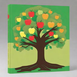 Create a high-detail book cover featuring a golden apple tree with large apples