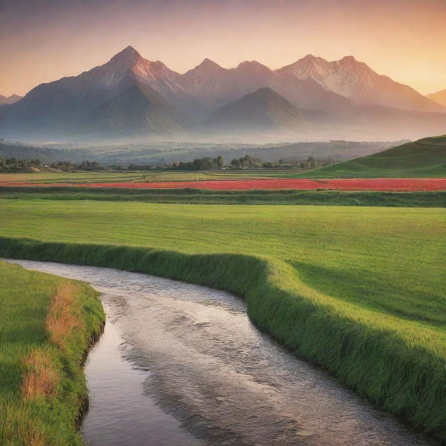 A serene and tranquil landscape during sunset. In the foreground, a tranquil river peacefully flowing past lush green fields, while a majestic mountain range looms in the distance tinted by the orange and red hues of the setting sun.