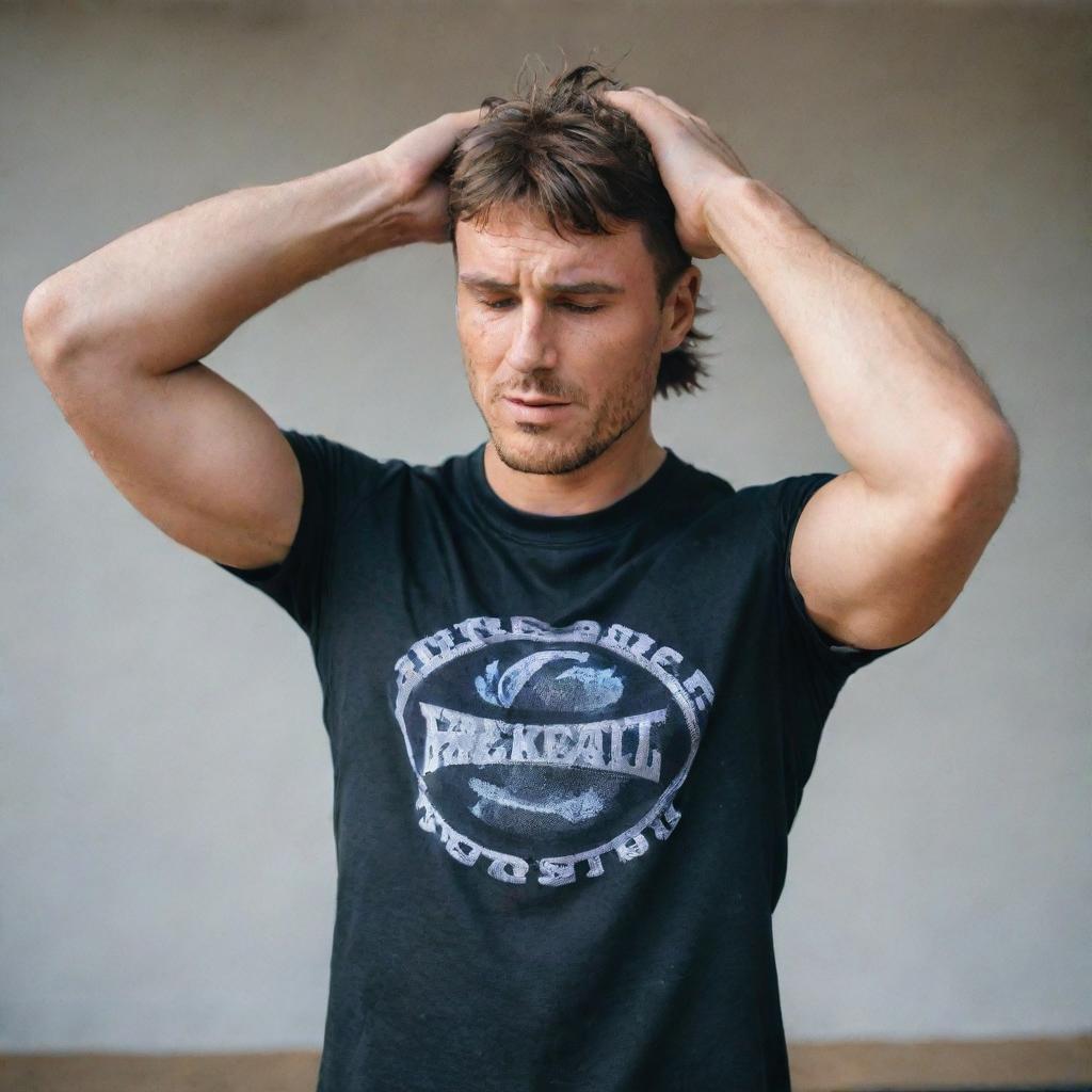 A fit man with a short mullet haircut, wearing a half-sleeve basketball t-shirt, visibly defined abs, wiping the sweat off his forehead with his shirt.