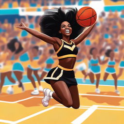 A black cheerleader wearing a gold tongue and brassiere, energetically jumping in the middle of a basketball court