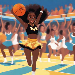 A black cheerleader wearing a gold tongue and brassiere, energetically jumping in the middle of a basketball court