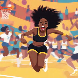 A black cheerleader wearing a gold tongue and brassiere, energetically jumping in the middle of a basketball court