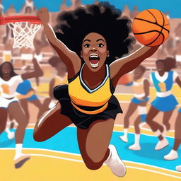 A black cheerleader wearing a gold tongue and brassiere, energetically jumping in the middle of a basketball court