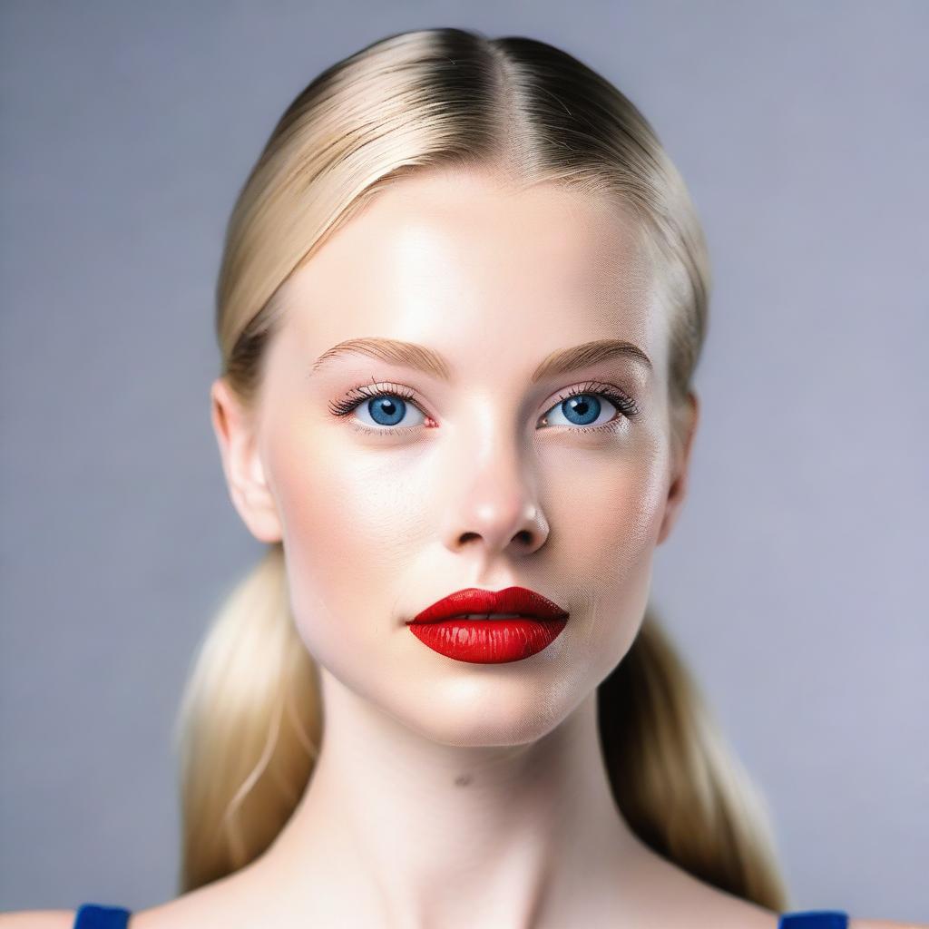 A close-up of the face of a white girl with glossy red lips and striking blue eyes