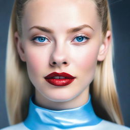 A close-up of the face of a white girl with glossy red lips and striking blue eyes