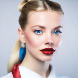 A close-up of the face of a white girl with glossy red lips and striking blue eyes