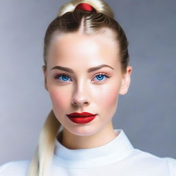 A close-up of the face of a white girl with glossy red lips and striking blue eyes