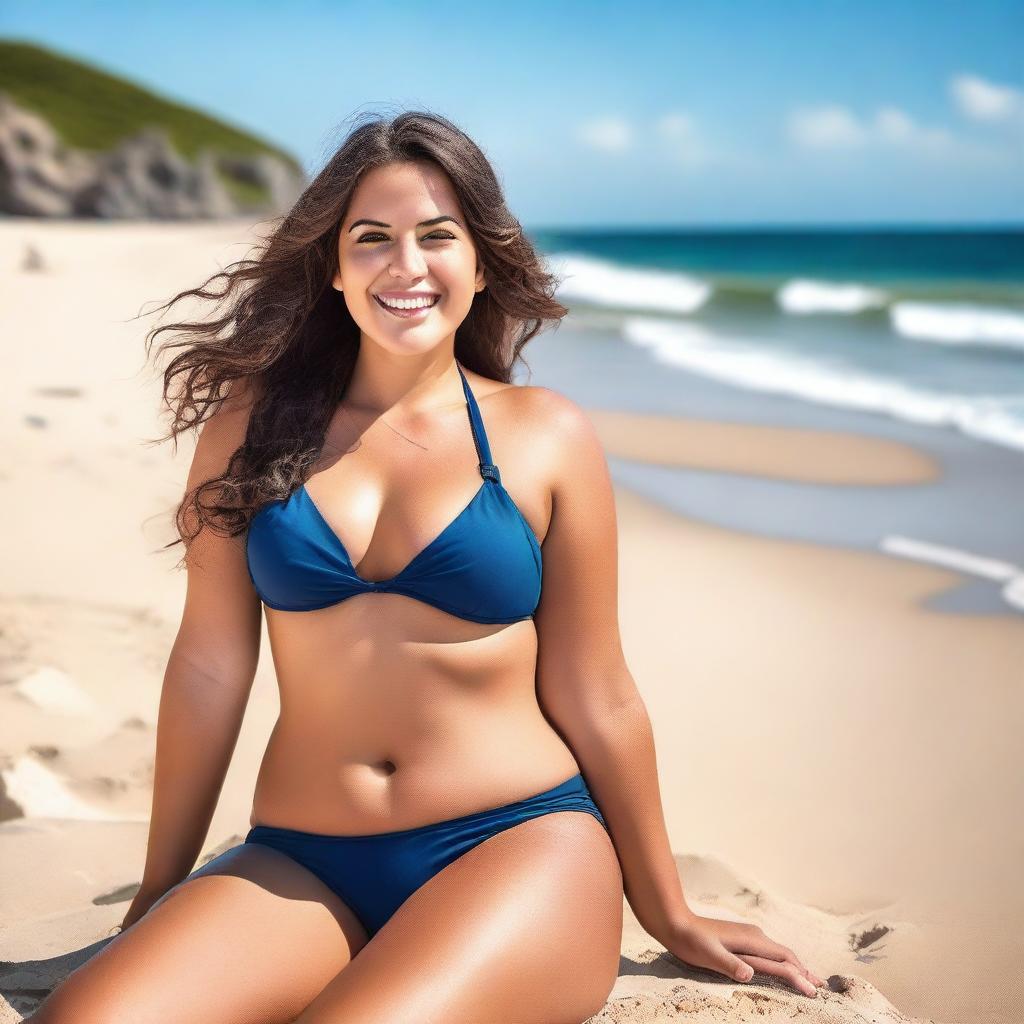 A girl with a curvy figure wearing a stylish bikini, relaxing and taking a sunbath on the sandy beach