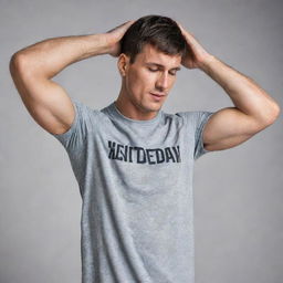 A fit man with a short mullet haircut, wearing a half-sleeve basketball t-shirt, visibly defined abs, wiping the sweat off his forehead with his shirt.