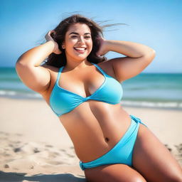 A girl with a curvy figure wearing a stylish bikini, relaxing and taking a sunbath on the sandy beach