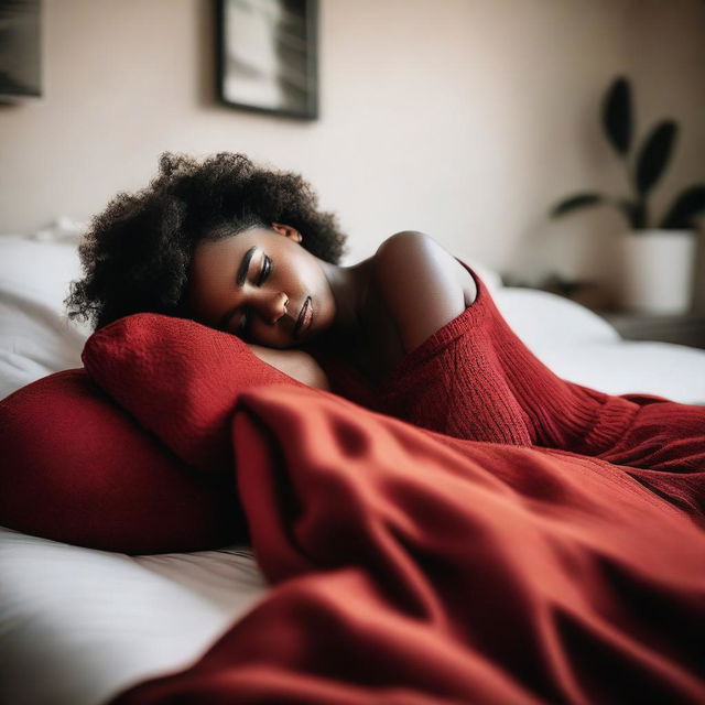 A black girl lying face down on a bed, wearing a red micro skirt