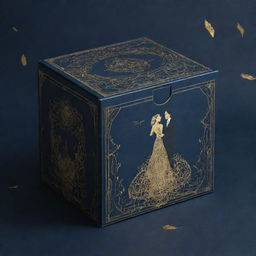 A packaging box pattern design with a couple in a romantic H.P Lovecraft inspired dystopian setting. The design is on a navy blue background with contrasting golden accents. Composed in 4k resolution.