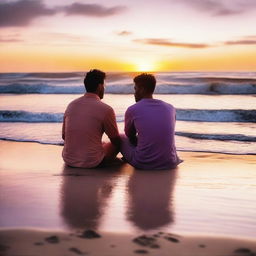 A beautiful scene underneath the sunset, where two queer lovers are sitting on the sand