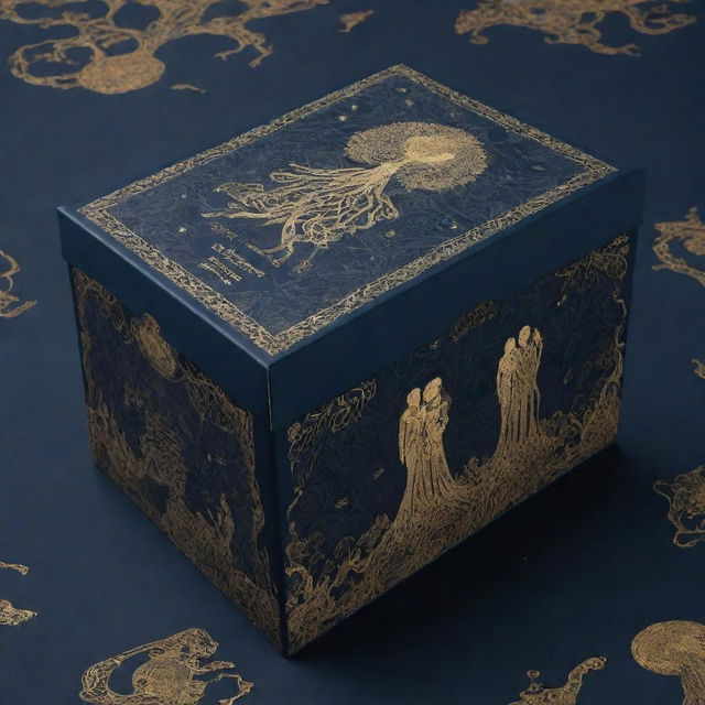 A packaging box pattern design with a couple in a romantic H.P Lovecraft inspired dystopian setting. The design is on a navy blue background with contrasting golden accents. Composed in 4k resolution.