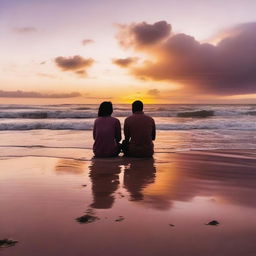 A beautiful scene underneath the sunset, where two queer lovers are sitting on the sand