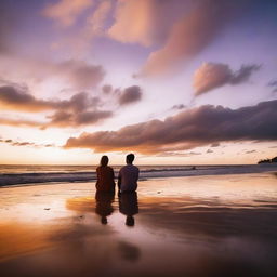 A beautiful scene underneath the sunset, where two queer lovers are sitting on the sand