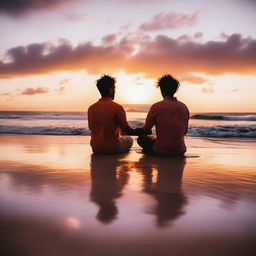 A beautiful scene underneath the sunset, where two queer lovers are sitting on the sand